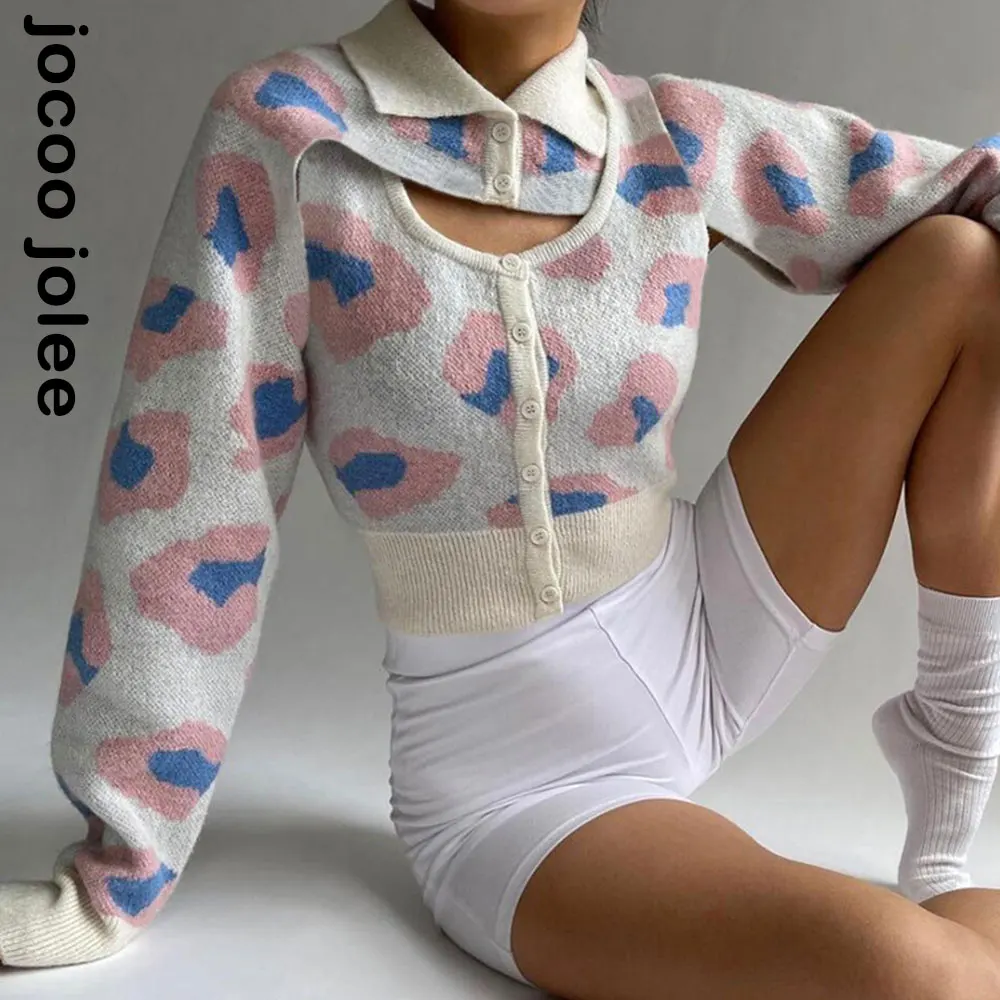 

Women Sexy Knitted Crop Tops 2 Pieces Sets Single Breasted Long Sleeve Lapel Print High Street Button Fashion Slim Vest Harajuku