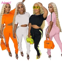 adogirl striped patchwork women summer tracksuit short sleeve t shirt crop top and pants casual sports suit 2 piece sets