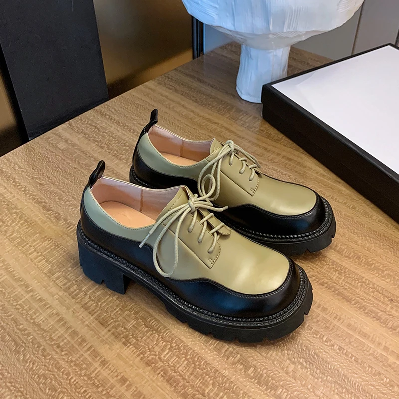 

Genuine Leather Women Casual Pumps Mix Color All-match Platform Shoes Lace Up British Style Lolita Breathable Female Loafers