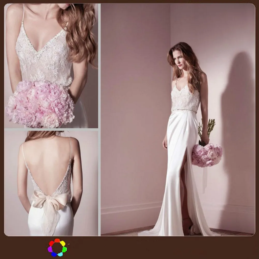 

lace Arrival Medieval 2018 V-Neck Sexy Backless Floor Length Side Slit Prom party bow Bridal gown mother of the bride dresses