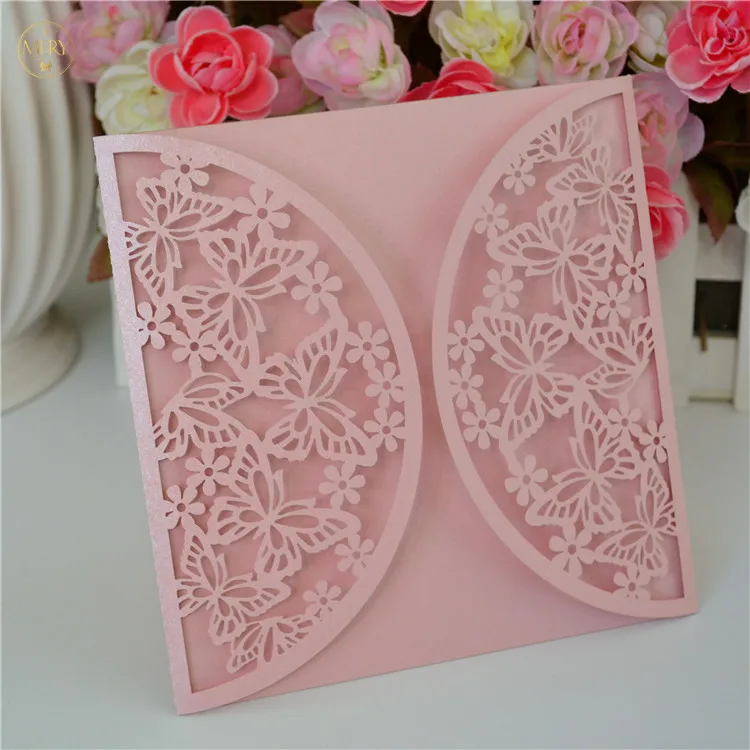 

New style butterfly laser cut pink pearl wedding invitation card wholesale