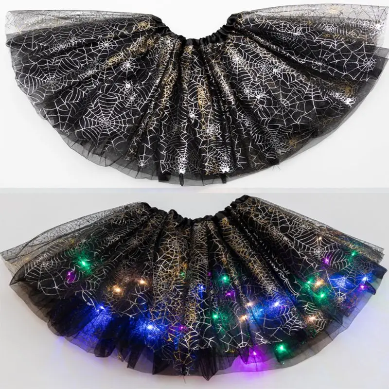 

Toddler Kids Girls Metallic Spider Web Tutu Skirt LED Light Up Princess Halloween Party Cosplay Carnival Ballet Dance Me