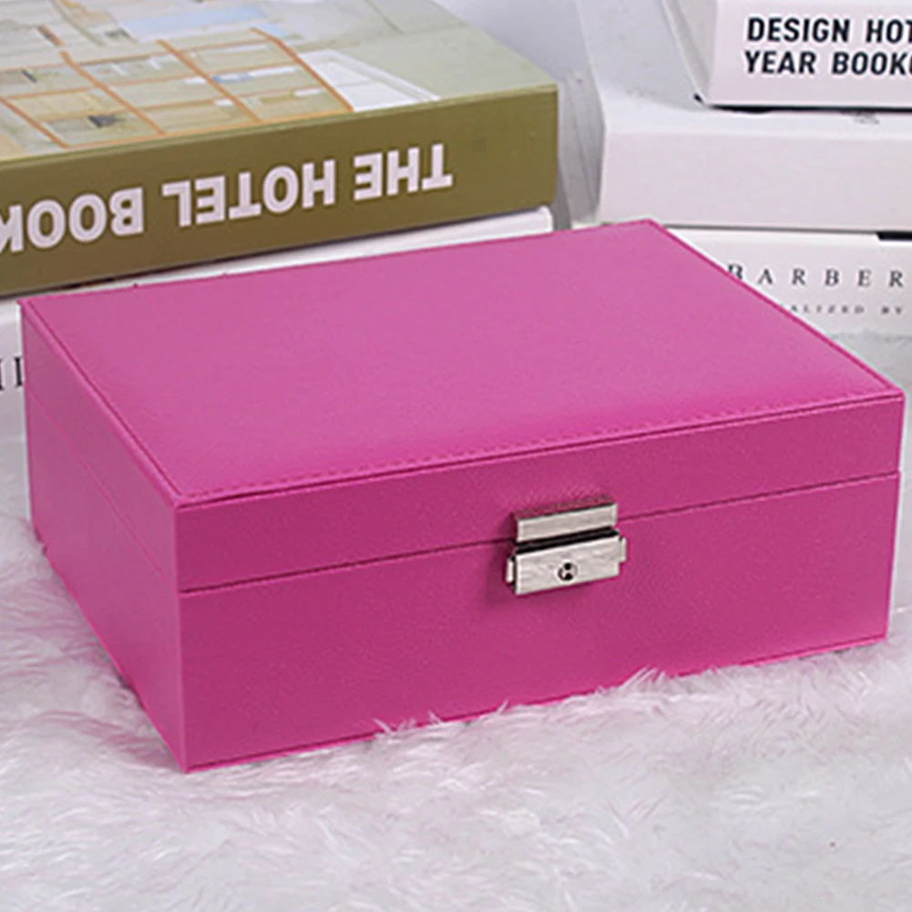 

Women Compartments Holder Home Jewelry Box Solid PU Leather Ring Necklace Display With Lock Double Layer Storage Case Diamond