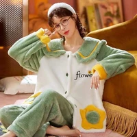 pyjamas women winter flannel pajamas sets thick warm long sleeve full trousers two pieces homewear home nightie
