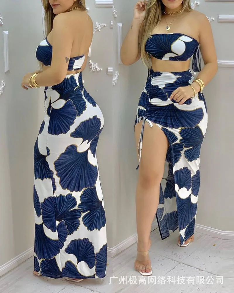 

2021 summer new fashion blue drawstring print dress