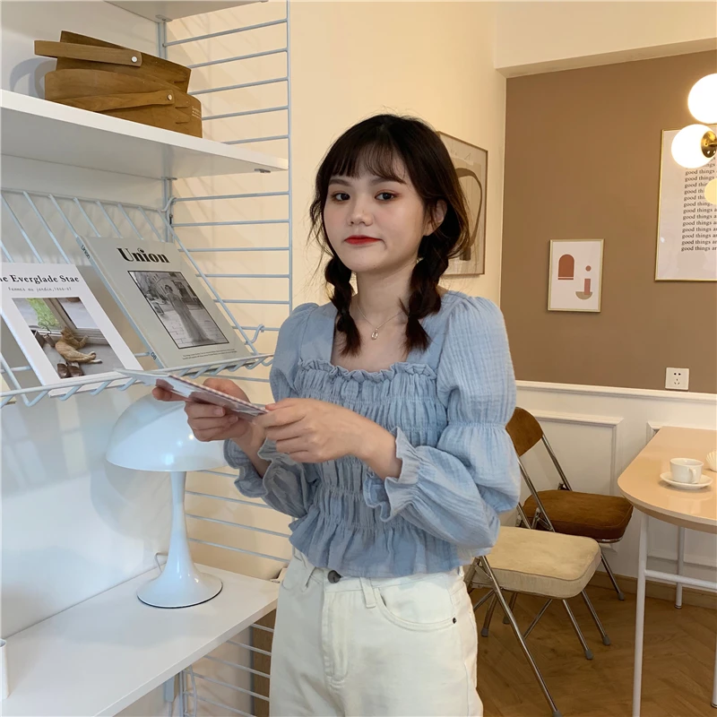 

blusas mujer de moda square collar flare sleeve solid ruffles korean fashion clothing womens tops and blouses sweet style new