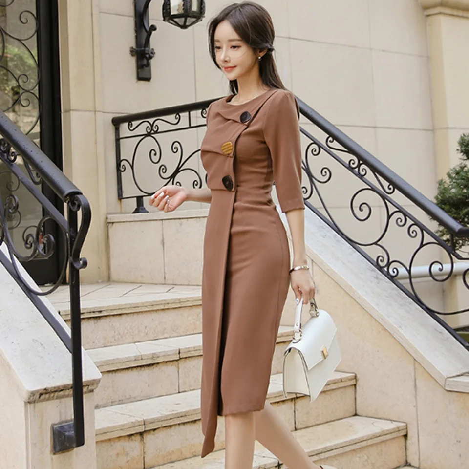Plain Color Office Lady Dress Autumn Winter High Waist Slim Fit Half Sleeve Asymmetry Simple Elegant Party Dress Women