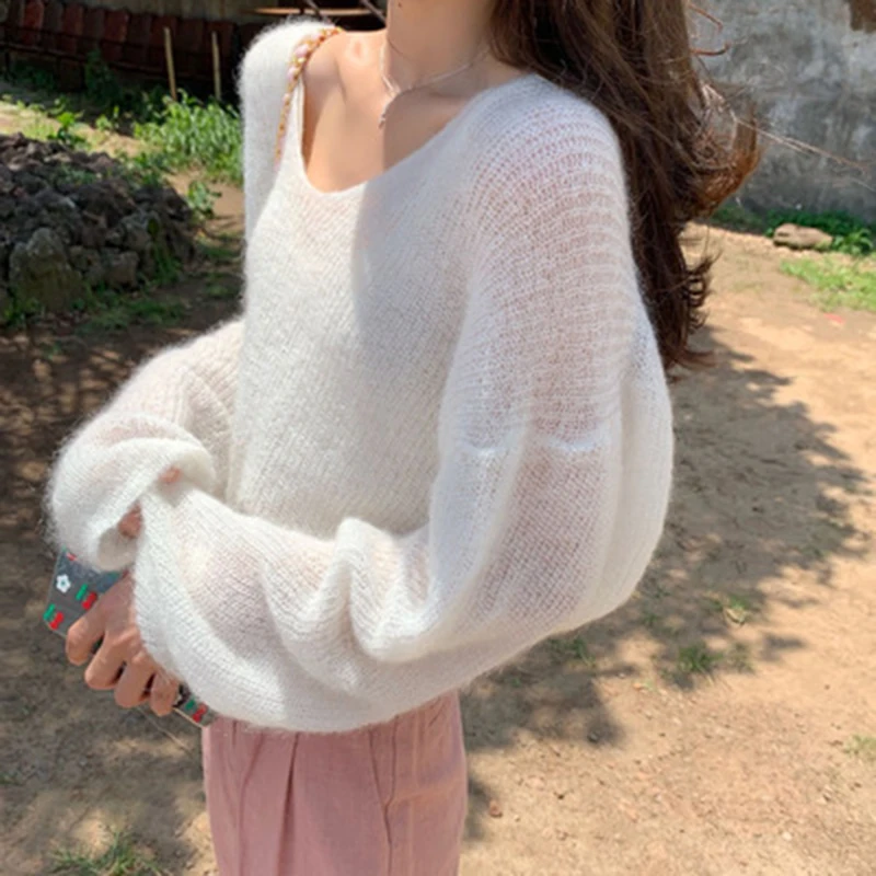 

Women Solid Color Mohair Knitted Sweater V Neck Sweet Sweater Autumn Winter Pullover Loose Long-sleeve Sweaters