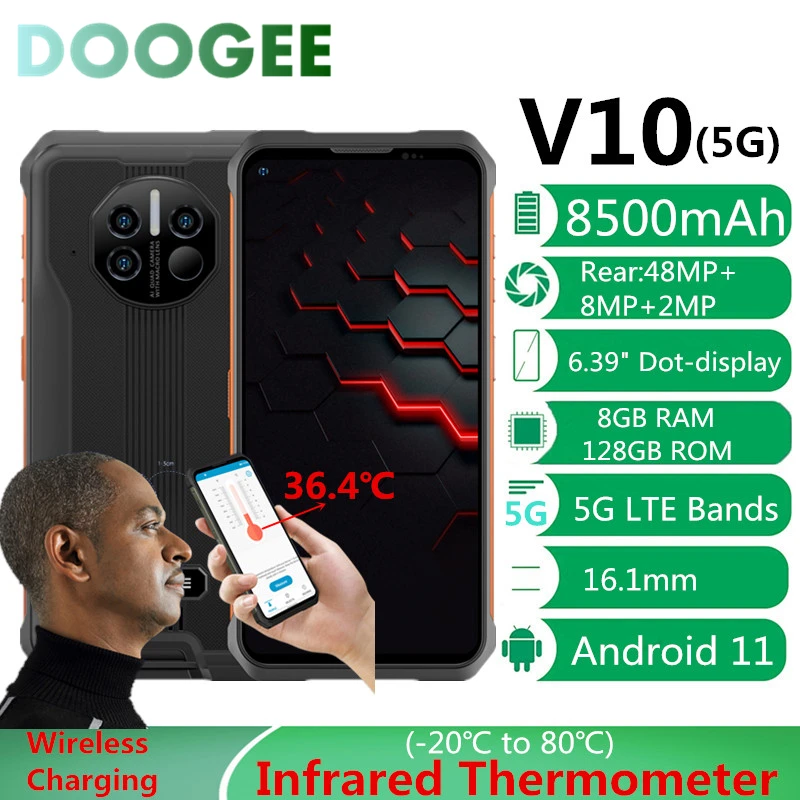 

DOOGEE V10 5G Infrared Thermometer Rugged Smartphone NFC 8+128GB 48MP Camera 6.39" Mobile Phone 8500mAh Wireless Fast Charging