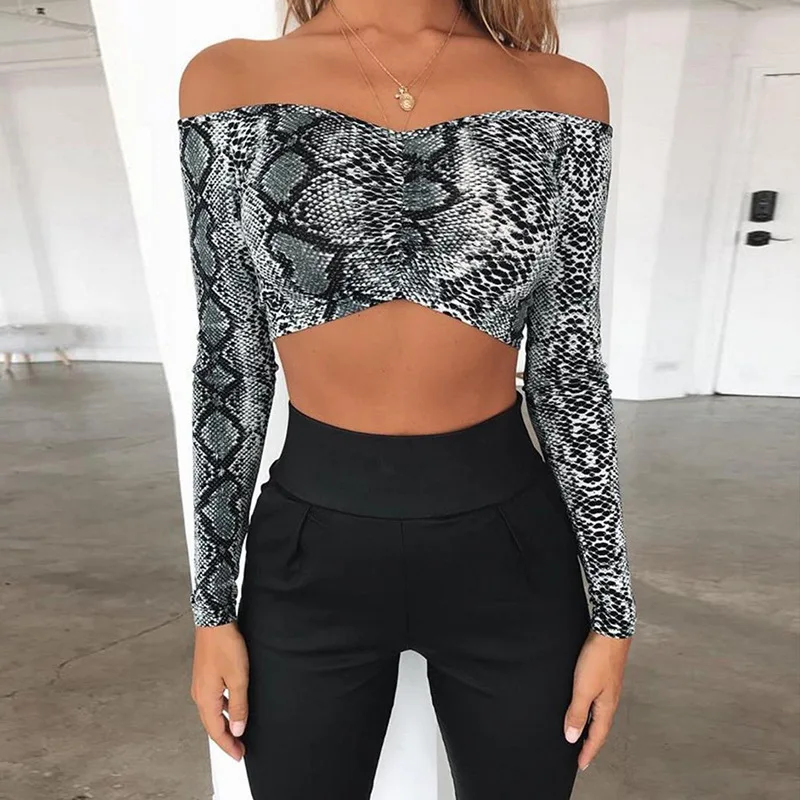 Женская футболка без бретелек со змеиным принтом с открытыми плечами длинными