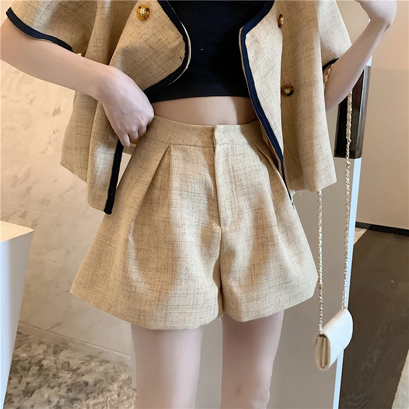 

Summer 2 Piece Set Vintage Women Elegant Plaid Double breasted Puff Sleeve Crop Tops + Casual Wide leg Shorts Fashion Suit