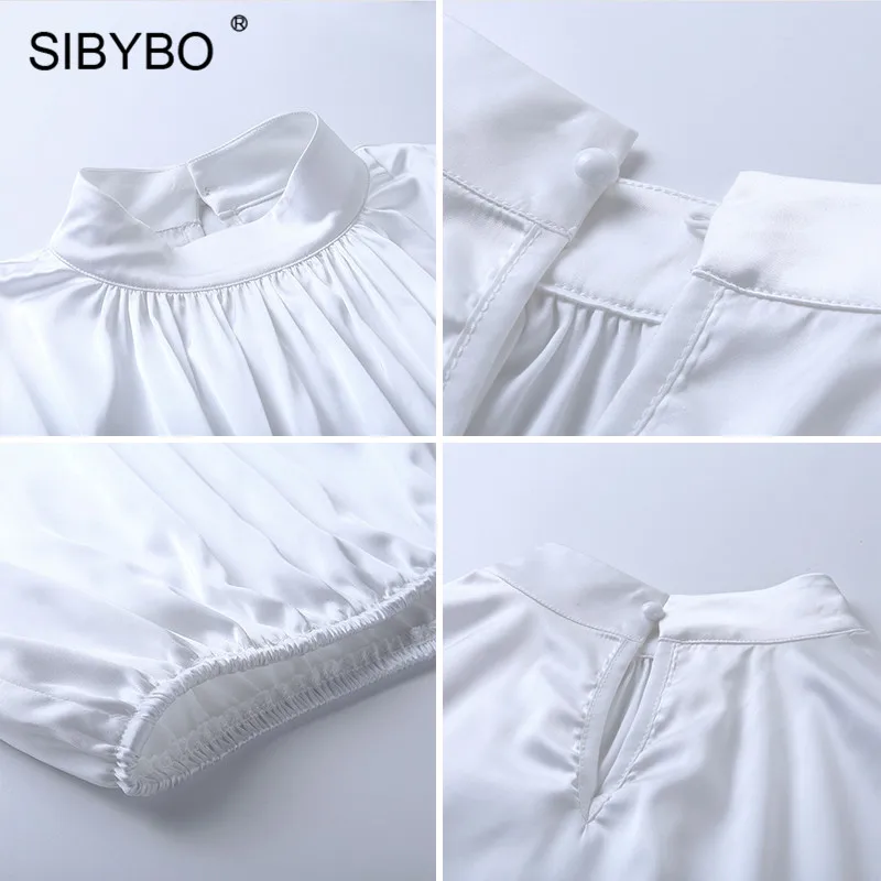 Женская атласная водолазка SIBYBO Весенняя облегающая футболка с рукавом фонариком