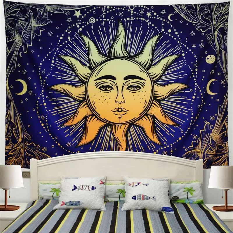 Мандала желтое солнце гобелен с Луной стене висит хиппи стены ковры Psychedelic фон