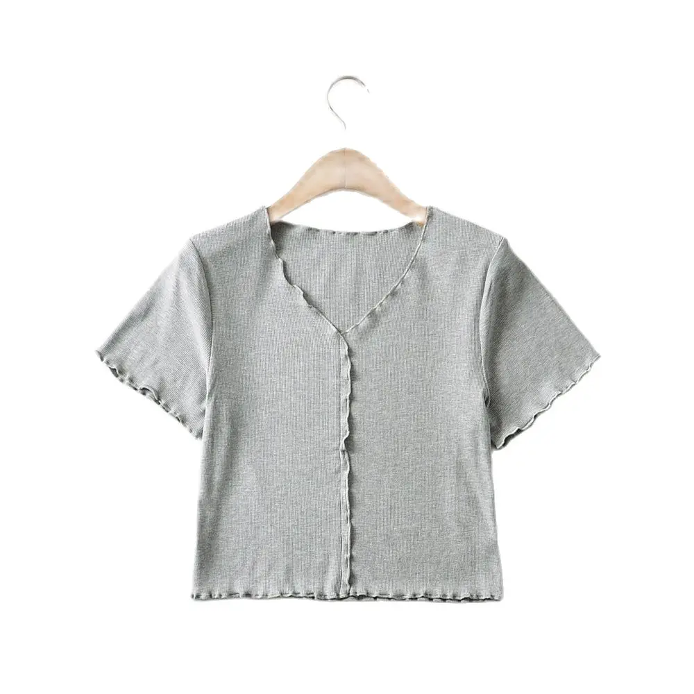 

JC·KILIG 2021 New V-Neck Knitted Wave Edge T-Shirt CT1006