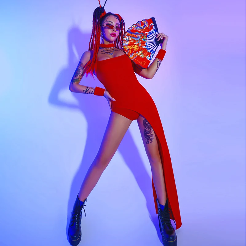 

One-piece Suit Sexy Nightclub Party Costume night Ds Lead Dance Suit New Red Chinese National Pole Dance Jazz Dance Clothes 2021