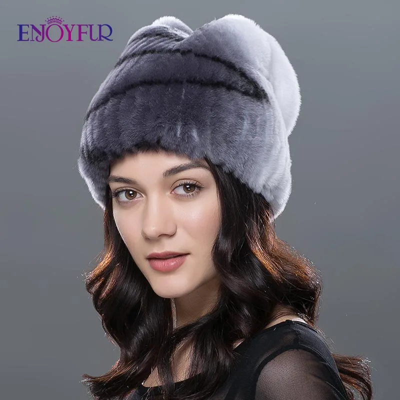ENJOYFUR Winter Fur Hats For Women Real Rex Rabbit Fur Beanie Cap with Bow-knot Thick Warm Fur Caps For Girls - Цвет: 40