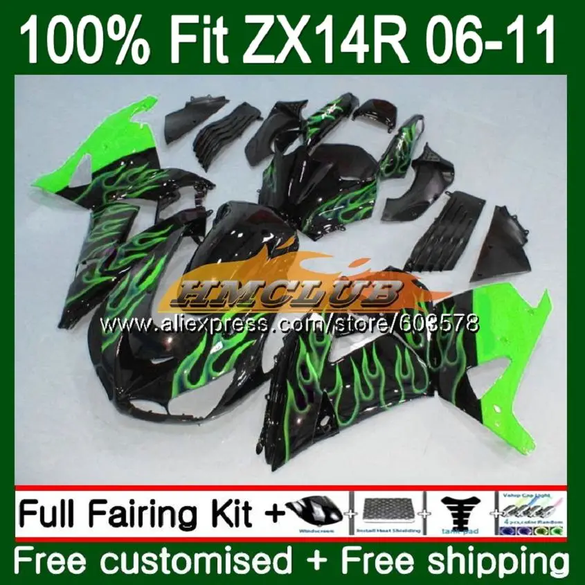 

Инъекции для KAWASAKI ZZR1400 ZX 14R 2006 2007 2008 2009 2010 2011 113CL. 139 ZX-14R ZX14R 06 07 08 09 10 11 обтекателя зеленый пламени