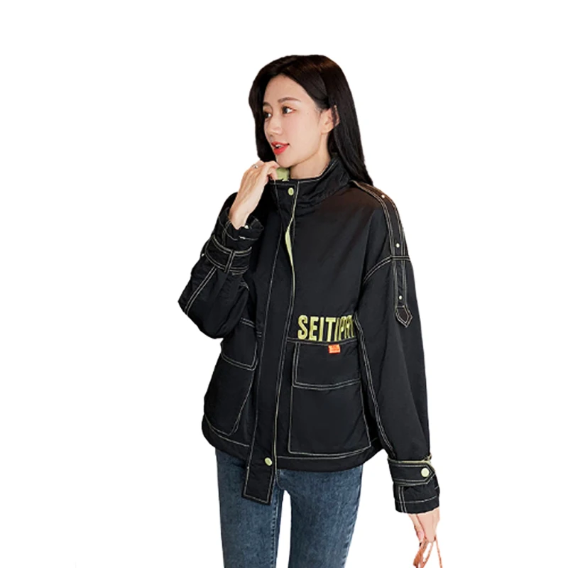 

2021 women's autumn new loose casual jacket handsome retro contrast color windbreaker embroidered short coat