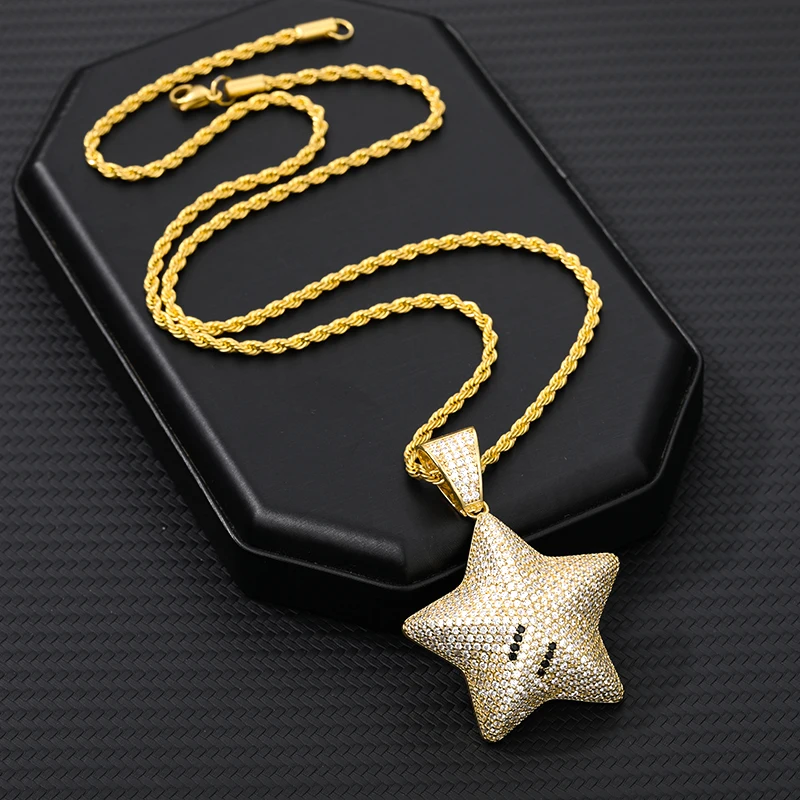 

Men And Women Iced Out Cubic Zircon Bling Cartoon Stars Pendant Necklace Gold Plating Color Hip Hop Jewelry Tennis Rope Chain