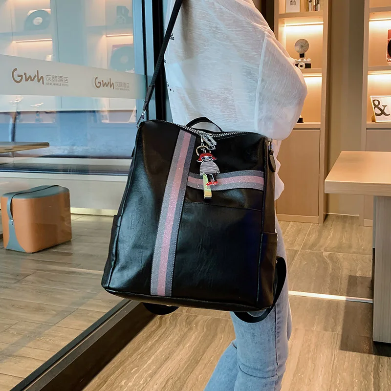 Bags for Women's2019 Daypacks Striped Casual Backpacks High Quality Leather Backpack Fashion Cute Pendant Girls Black School Bag | Багаж и