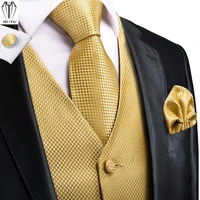 hi tie jacquard silk mens suit vests gold solid plain 4pc waistcoat tie hanky cufflinks set business wedding dress waist jacket