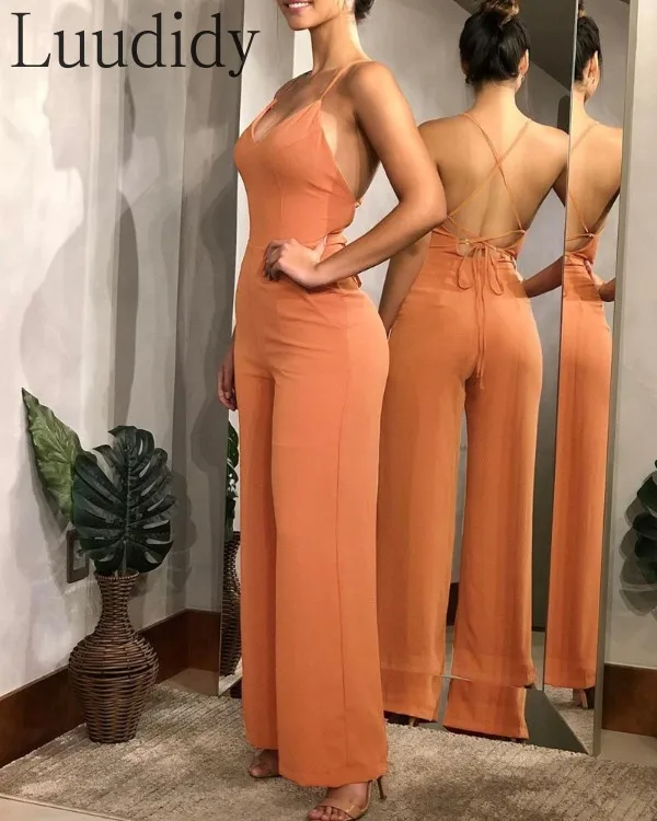 

Женский комбинезон с открытой спиной, с V-образным вырезом и широкими штанинами