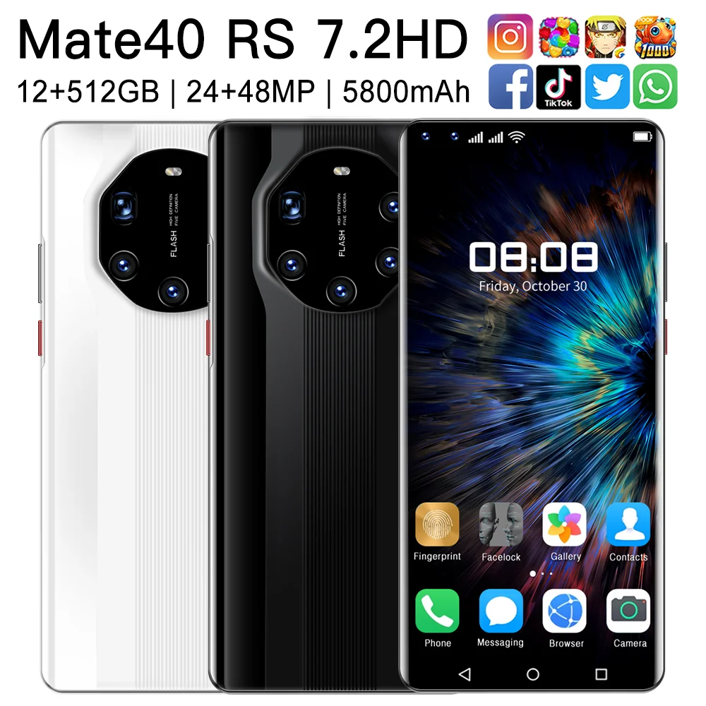 

Mate40 RS 7.2HD Smartphone Android 12+512GB 24+48MP Featured Phone Global Version 3D Glass Plated Back Cover Cell Phone