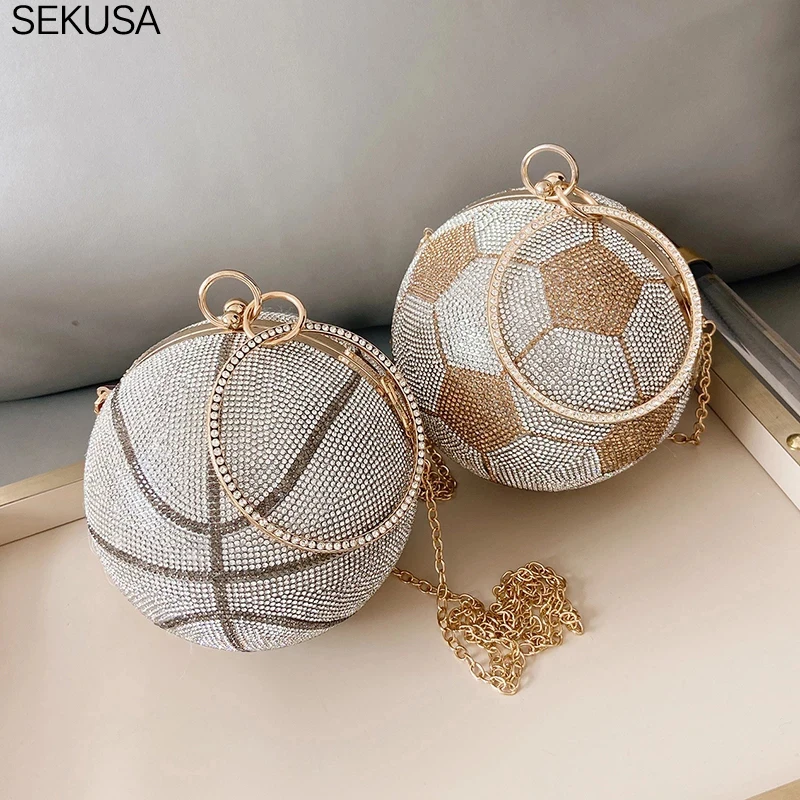 

Luxury Diamond Clutch Bag for Women Basketball Football Shape Wedding Party Purse and Handbag Gold Silver Evening Bag