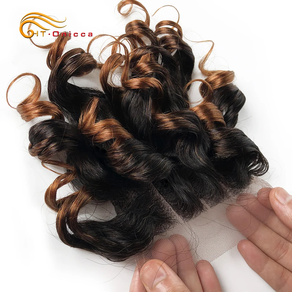 Funmi Hair Bundles With Closure Brazilian Curly Weave Wave Bundle 4*4 1B 27 #4 30 99J Ombre | Шиньоны и парики