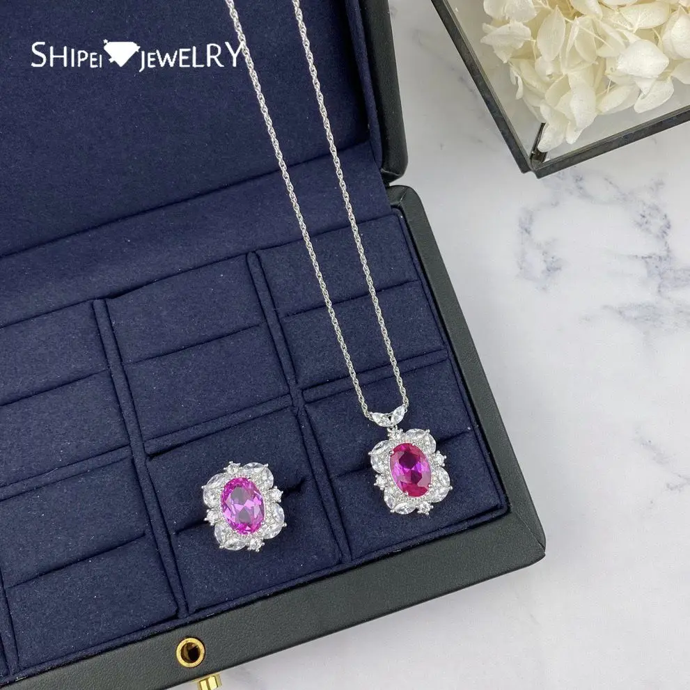 

Shipei 925Sterling Silver Pink Sapphire Greated Moissanite Diamonds Gemstone Wedding Fine Jewelry Engagement Pendant Necklace