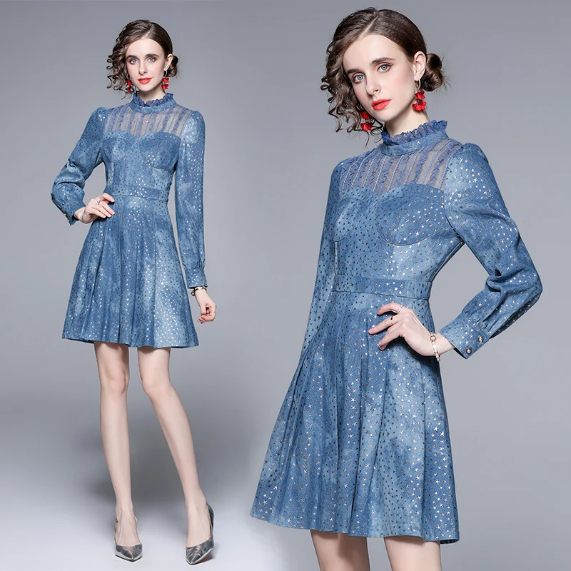 

High Quality 2022 New Spring Ruffled Collar Lace Mesh Patchwork Denim Ball Gown Women Dress