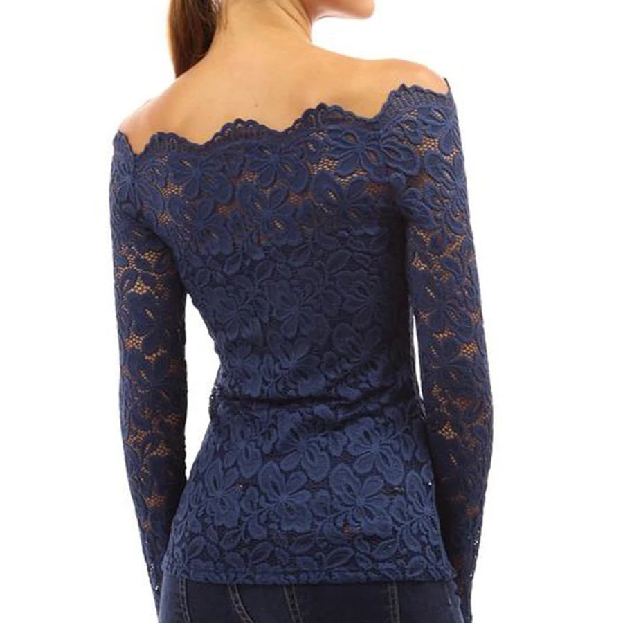 Элегантная кружевная блузка женская модная с длинным рукавом и вырезом лодочкой