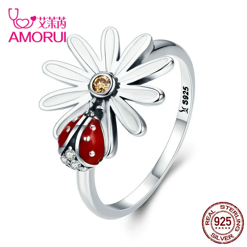 AMORUI AAA CZ камень 925 пробы Серебряный цветок и Божья коровка Страна Чудес палец