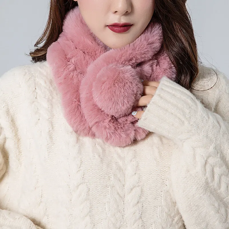pompon dark pink Новинка, Модный мягкий женский шарф с воротником из искусственного кроличьего меха, теплый зимний шарф из плюша и шелка с леопардовым принтом, элегантные шарфы для девушек и девушек - Цвет: pompon dark pink