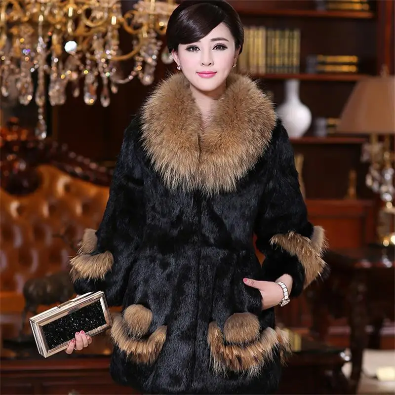 

Women 2019 Winter Luxury Real Raccoon Fur Collar Rabbit Fur Coat Female Slim Genuine Fur Outerwear Abrigos Mujer Invierno K371