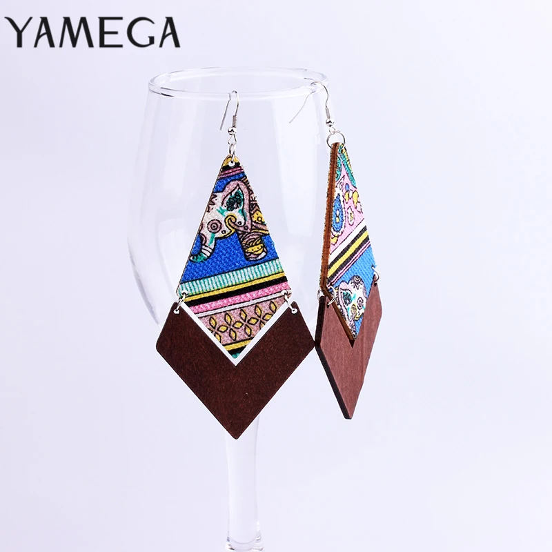 YAMEGA 2019 Новая мода Длинные Ромб деревянный серьги с обтянутыми тканью Красочный