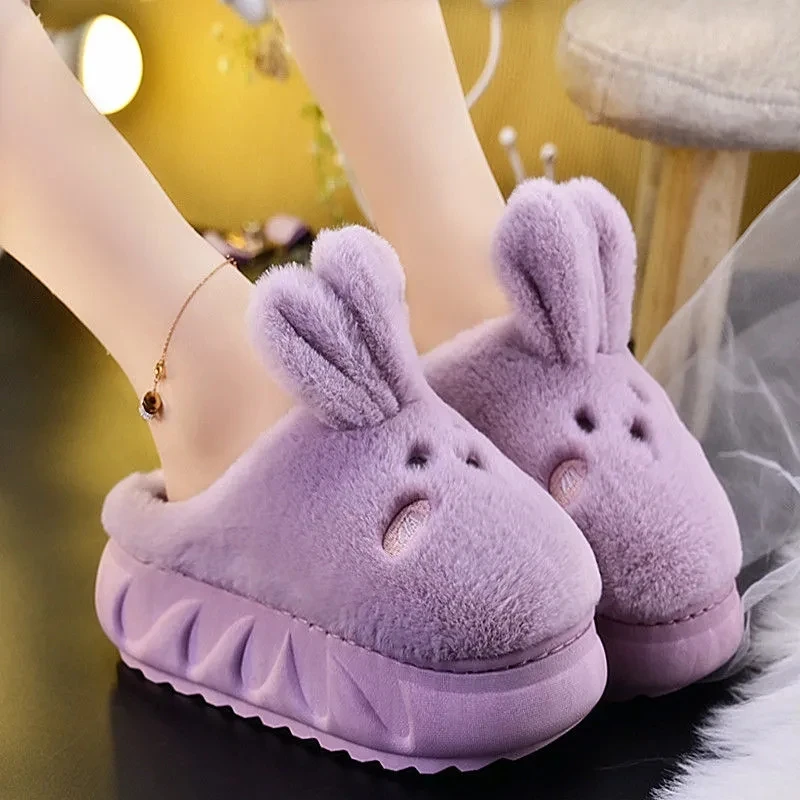 

2021 New Indoor Cute Plush Rabbit Puppy Slippers Female Cotton Shoes Sliders Home Warm Platform Woman Bunny Fuzzy Slippers