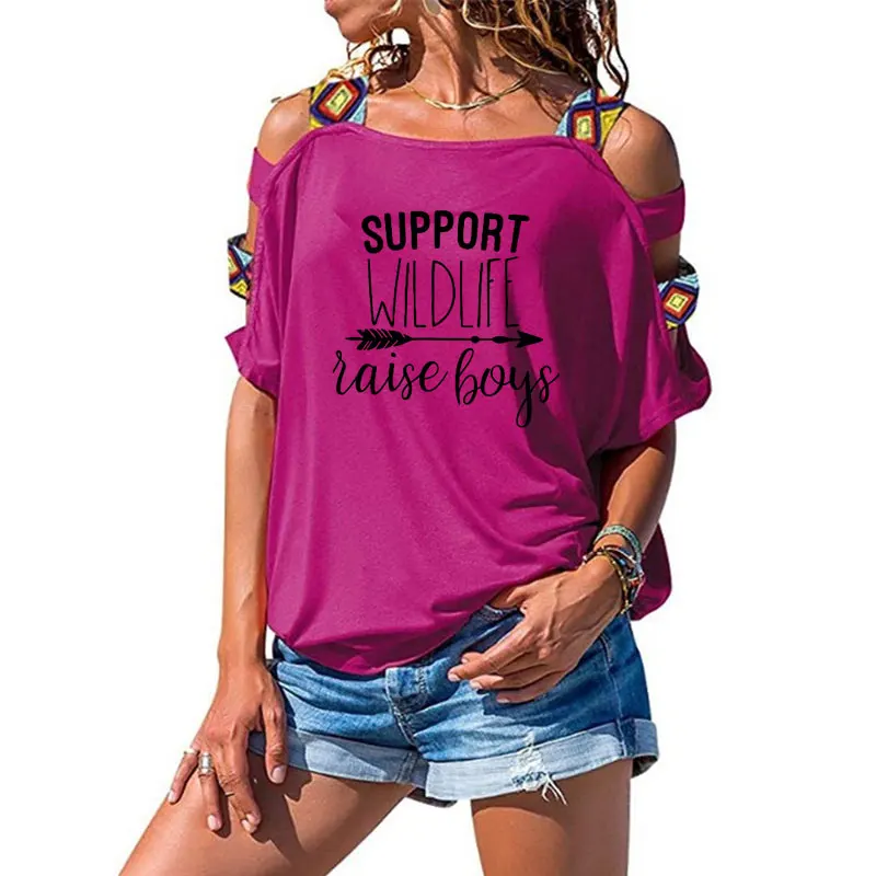 

2019 Women's T Shirt Support Wildlife Raise Boys Letters Printed Women Sexy Hollow Out Shoulder Tee
