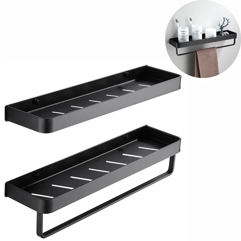

Black Bathroom Shelf 30/40/50 cm Kitchen Wall Shelves Shower Basket Storage Rack Towel Bar Robe Hooks Bathroom Accessories