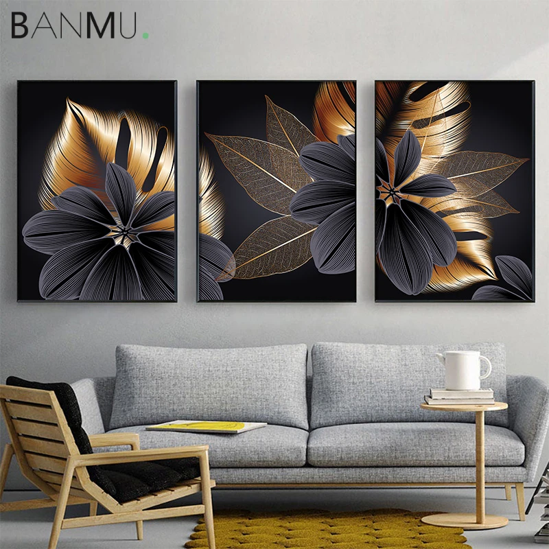 

Luxury Abstract Wall Art Canvas Painting Nordic Decoration Black Golden Plant Leaf Canvas Poster Print Modern Home Decor Picture