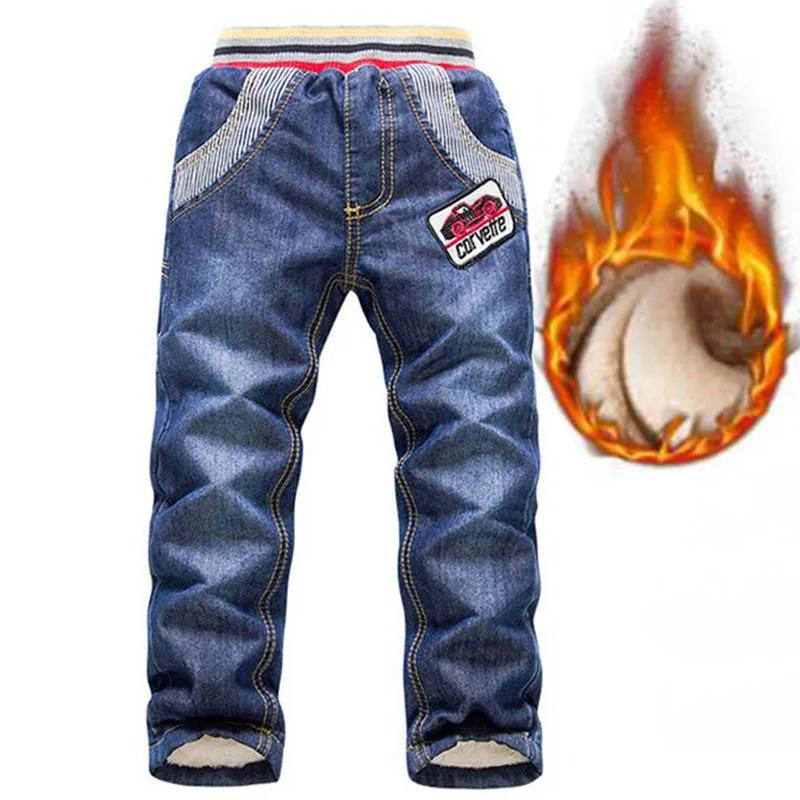 Зимние Детские джинсы хлопковые для мальчиков зимние плотные теплые штаны из