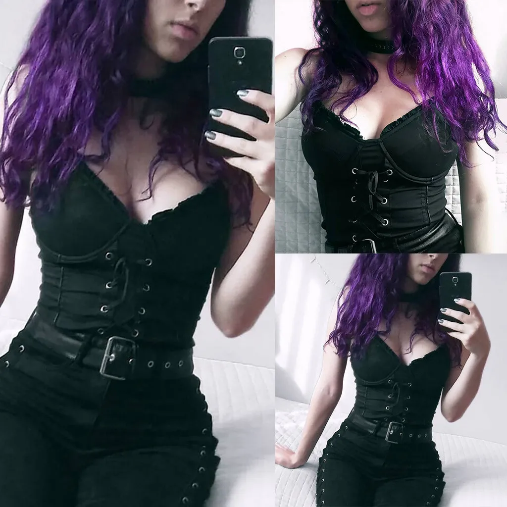 Женский Готический топ на завязках однотонный черный укороченный без рукавов с v