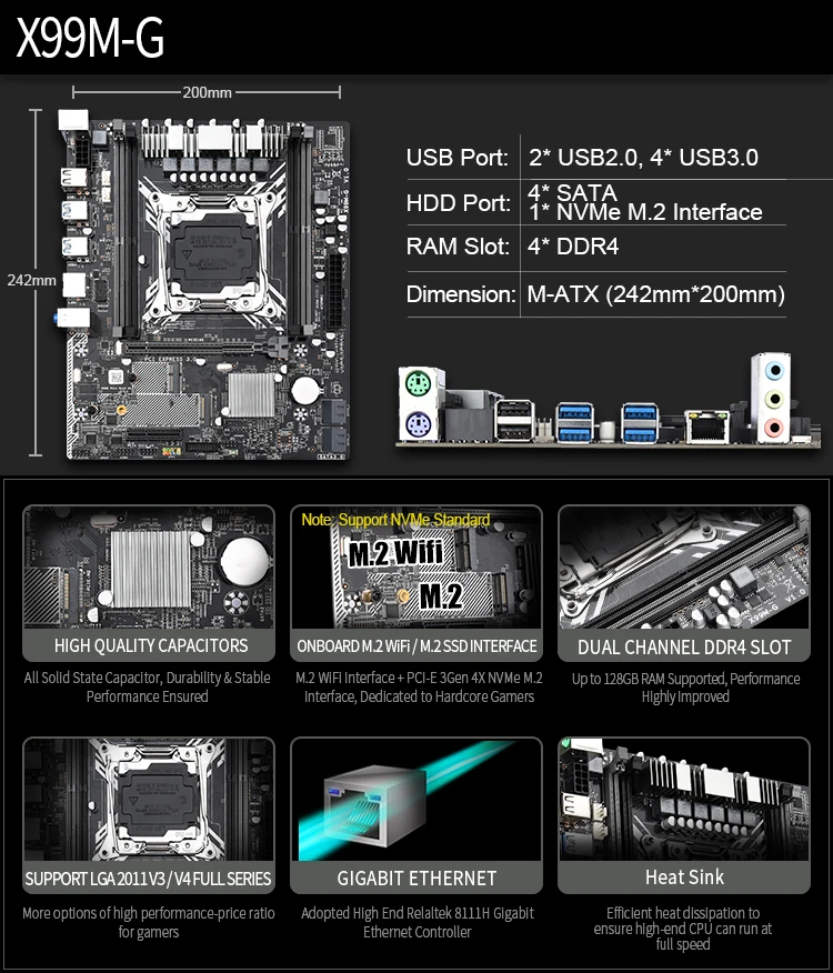 Billig X99 Desktop Motherboard LGA 2011-3 LGA2011-3 Mit DDR4 4*4GB 2133Mhz PC M.2 NVME WIFI Slot Unterstützung Dual-kanäle SATA 3,0 USB 3,0