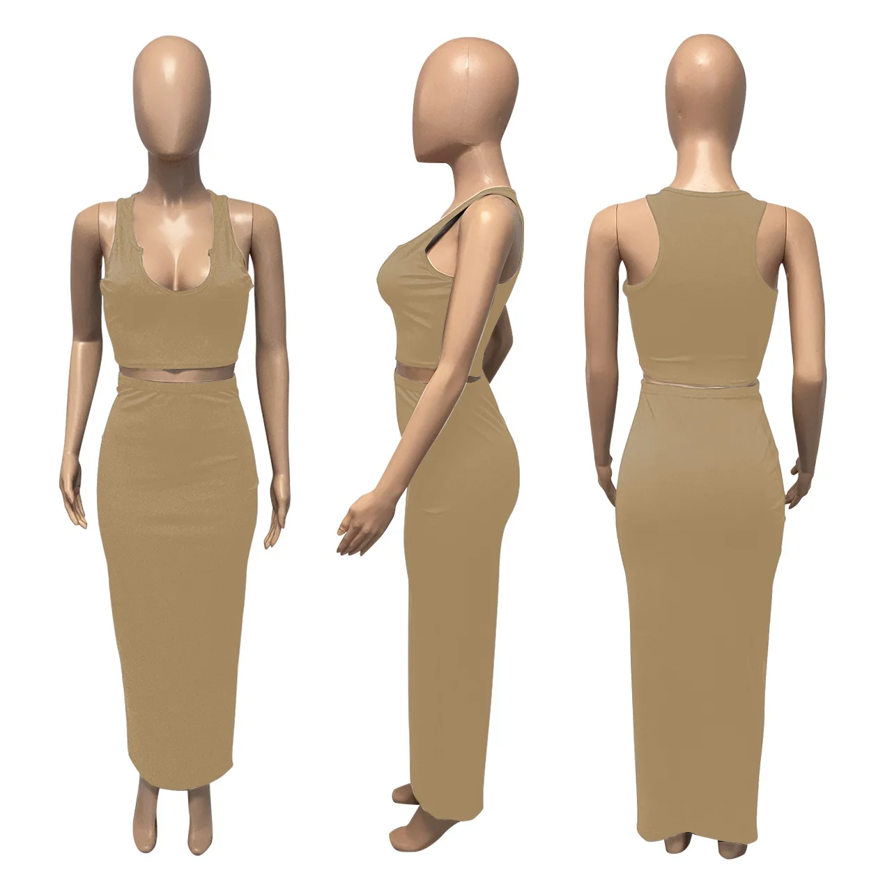 

Ribbed Knitted Women 2 Piece Set Solid Sleeveless Crop Tank Top + High Waist Skinny Skirts Matching Set Club Party Active Outfit