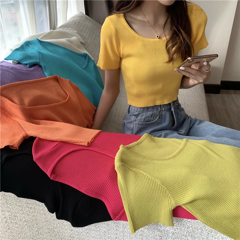 Топ вязаный OUMEA летний с коротким рукавом квадратным вырезом однотонный в