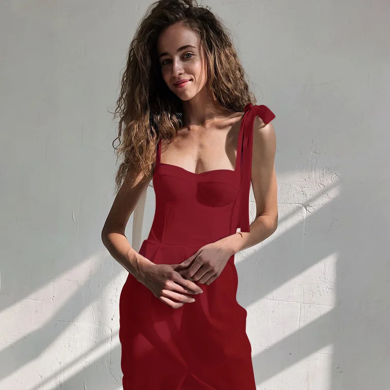 

DeRuiLaDy 2021 Summer Spring Women Loose Spaghetti Strap Mid-Calf Dress Sexy Split Dresses For Women Elegant Lady Party Vestid