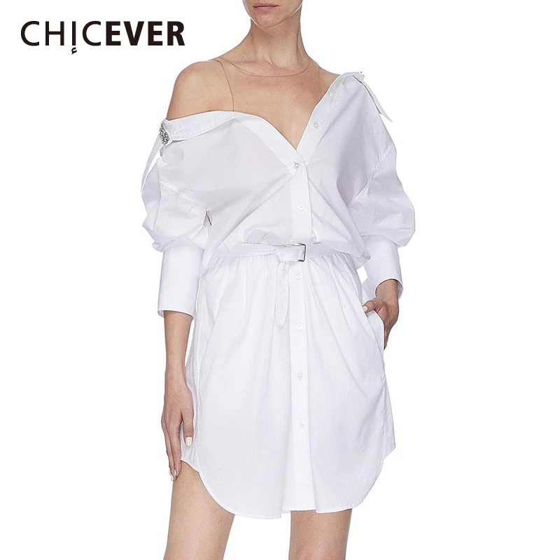 

CHICEVER Casual Dress For Women Slash Neck Long Sleeve High Waist Lace Up Patchwork Diamonds Mini Dresses Female 2020 Clothing