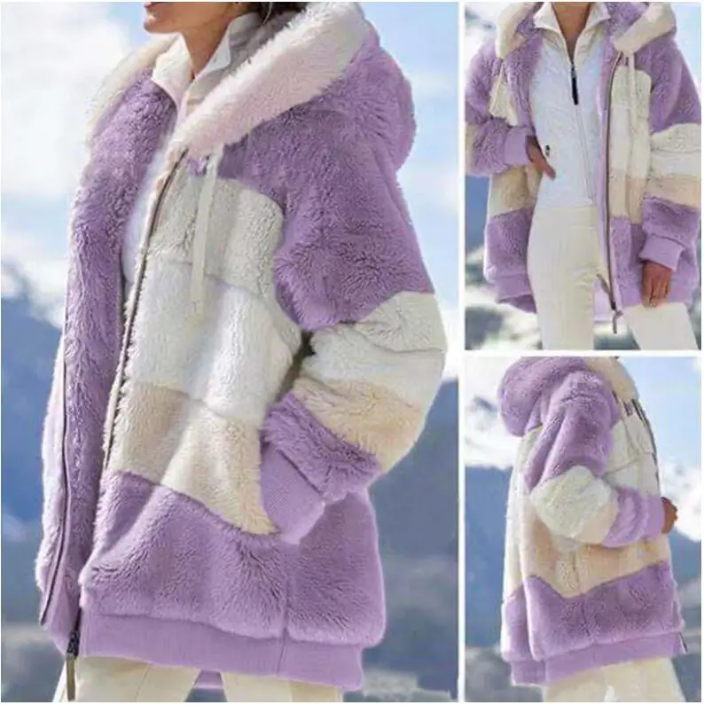 

Lapel Pockets Size Fake Warm Fluffy Long Thick Button Female Jackets Fur Overcoat Winter Woman Teddy Sleeve Hairy Plus Coat War