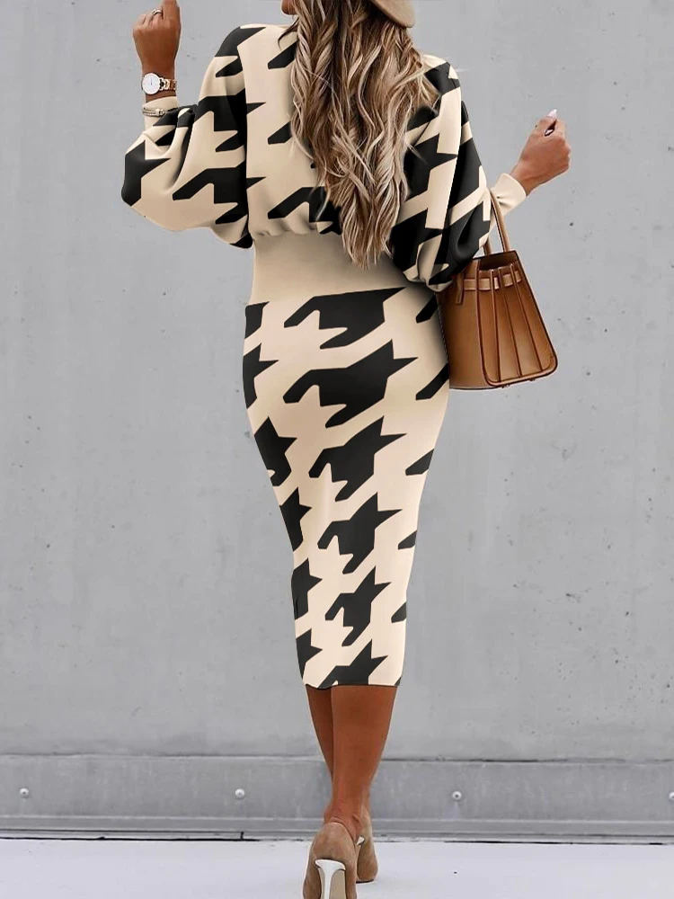 Женское платье с принтом гусиная лапка и рукавами-фонариками | Женская одежда