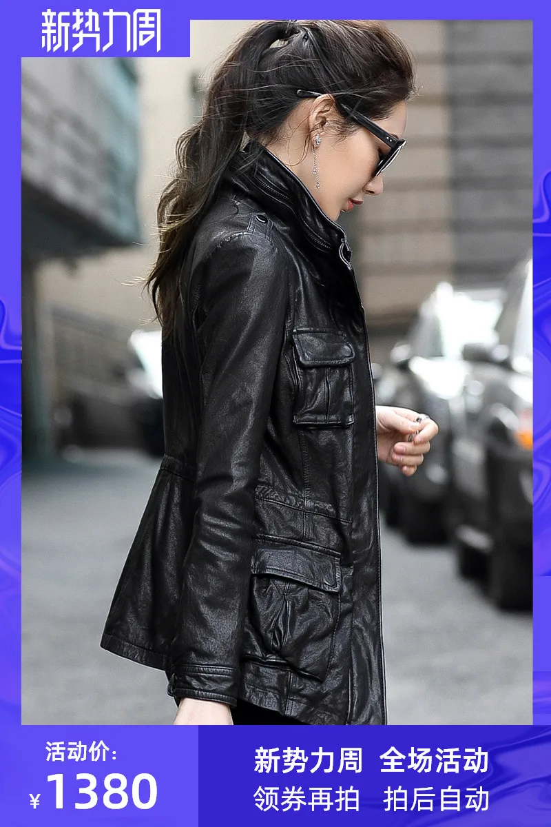 

JCHB 2021 New Spring and Autumn old leather leather clothing mid-length women's sheep leather motorcycle slim leather jacket coa